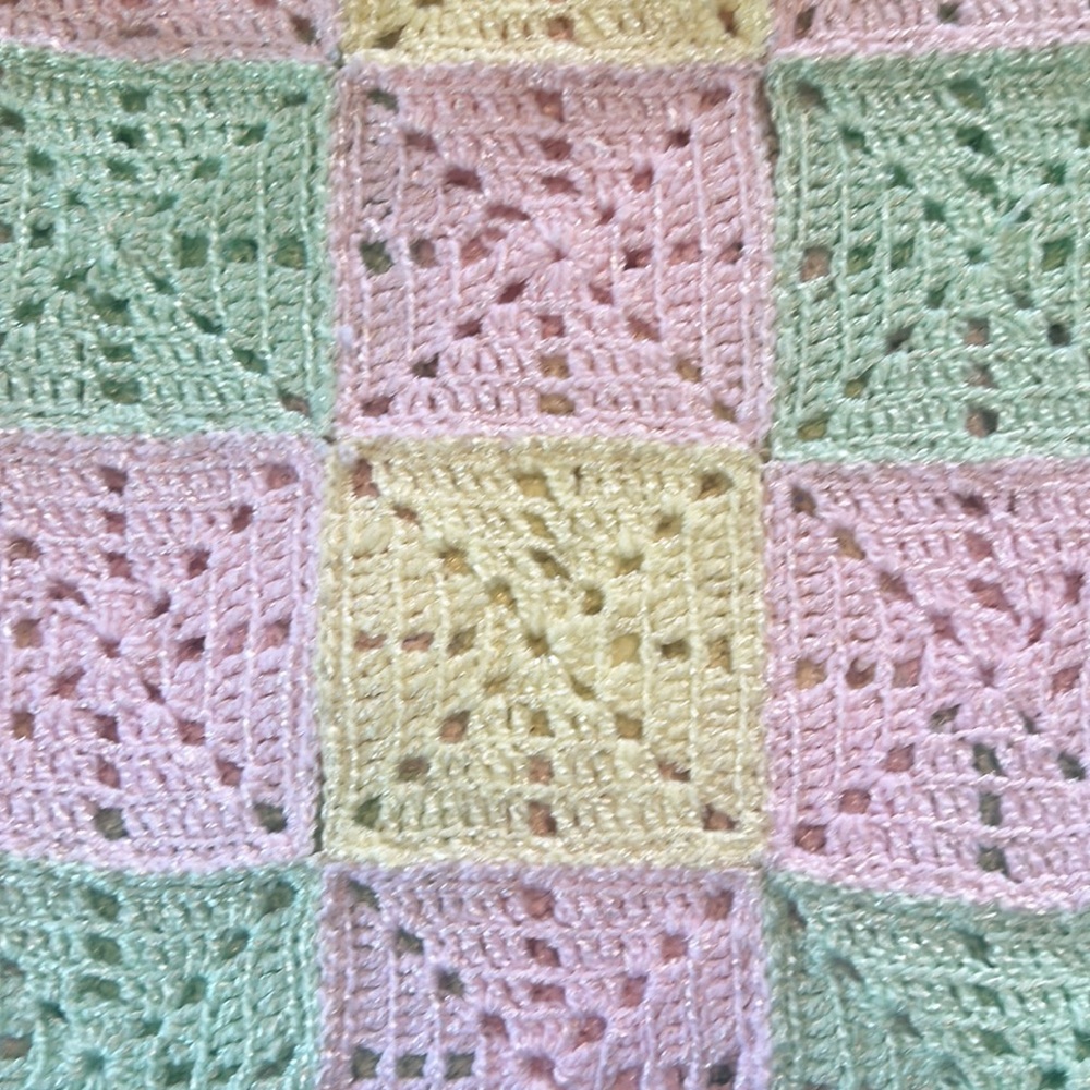 Homemade Baby Blanket Knit/Crochet Green Yellow Pink - Picture 3 of 5